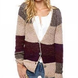 Free People Chunky Striped Cardigan in Beige, Brown, Plum